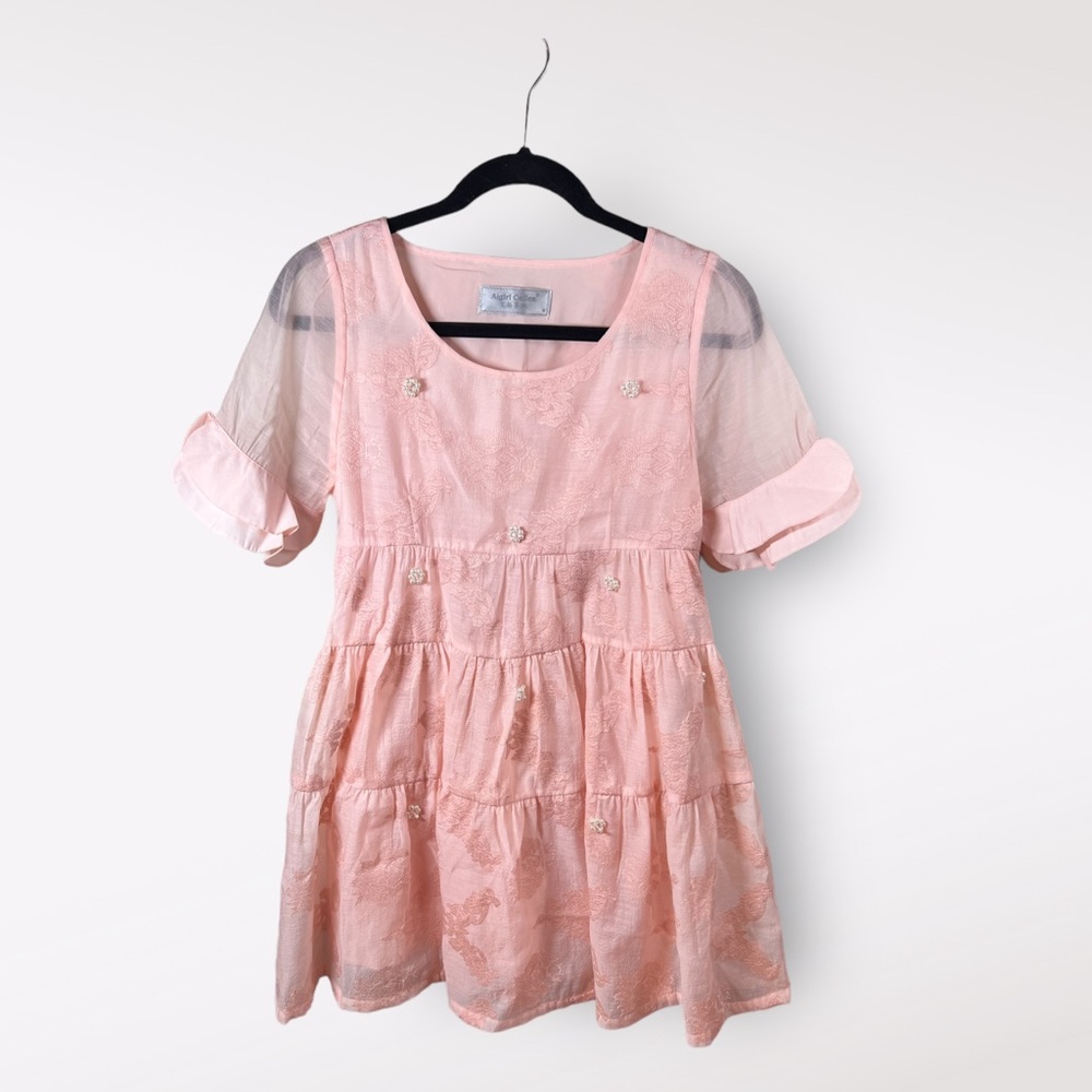 Women’s Medium Dress Sheer Pastel Light Pink Mini Tiered Patterned Beaded